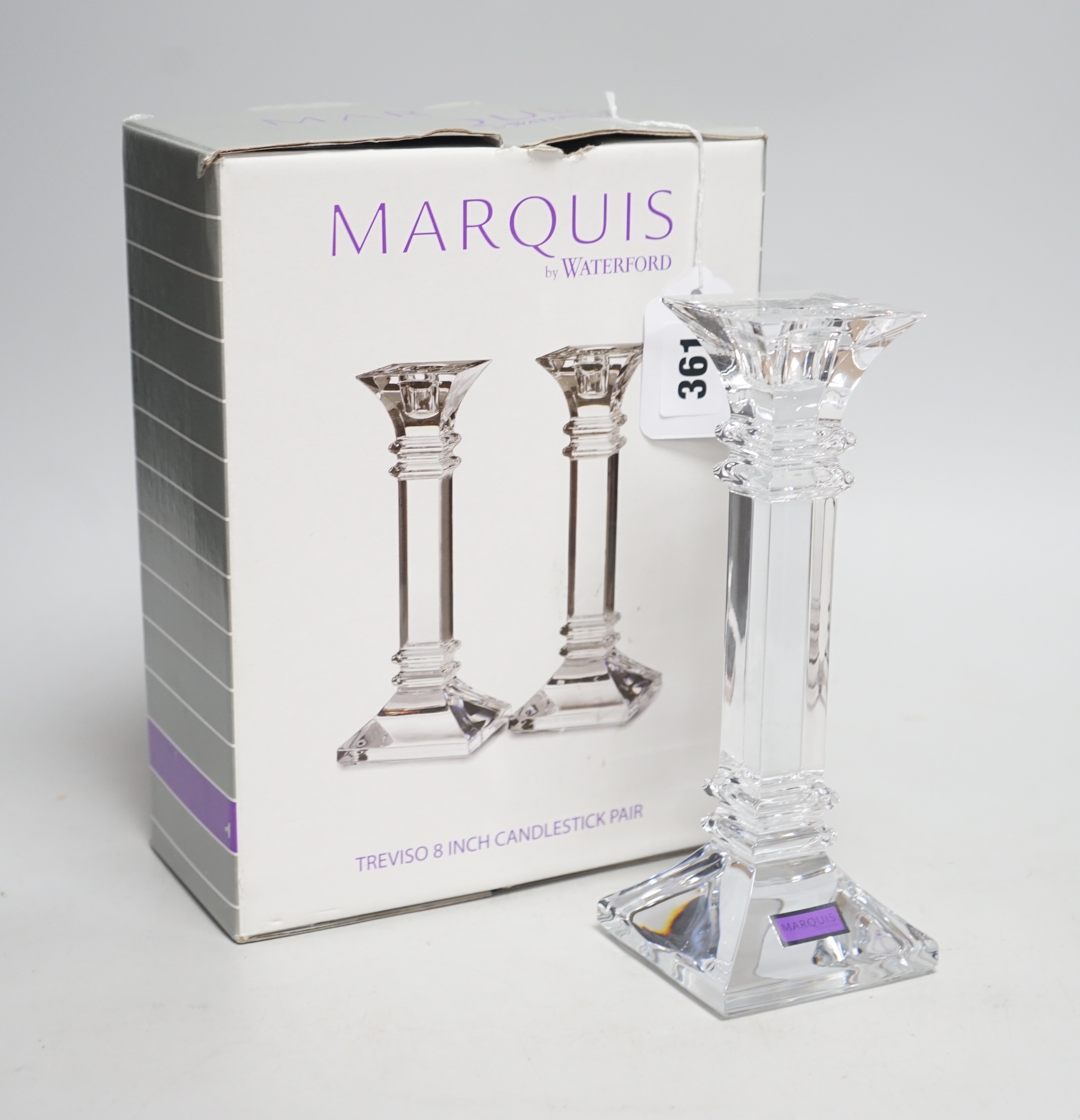 A boxed pair of Marquis by Waterford Treviso candlesticks, 21cm